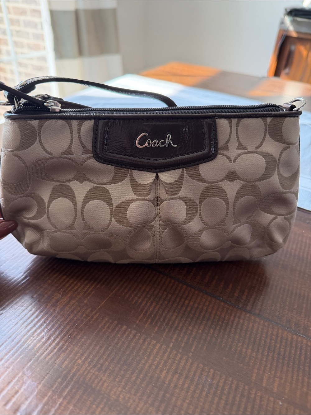 Coach Beige Signature Canvas Wristlet with Dark Brown Trim